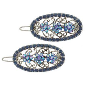 Karen Marie - Crystal Oval Flower Portrait Clip - Blue (Set of 2)