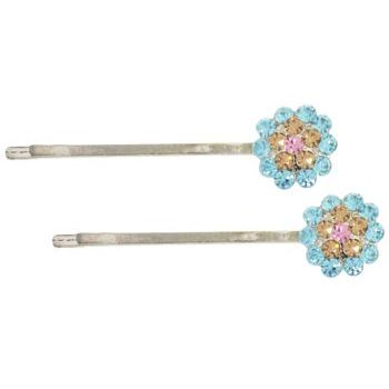 Karen Marie - Crystal Flower Bobby Pins - Aqua/Silver (Set of 2)