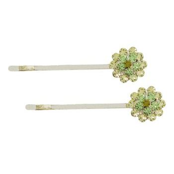 Karen Marie - Crystal Flower Bobby Pins - Peridot/Silver (Set of 2)