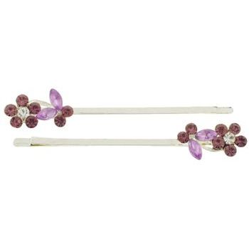 Karen Marie - Crystal Daisy & Butterfly Silver Bobby Pins - Lavender (Set of 2)