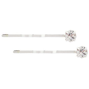 Karen Marie - Crystal Solitaire Silver Bobby Pins - White (Set of 2)