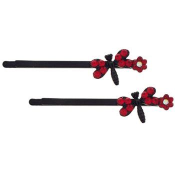 Karen Marie - Crystal Daisy & Dragonfly Bobby Pins - Red/Black (Set of 2)