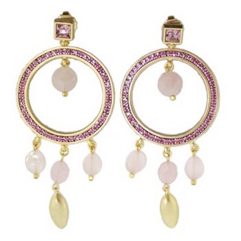 Christopher Roca - Circle Chandelier Pierced Earrings - Gold Metal w/Rose Crystals & Quartz