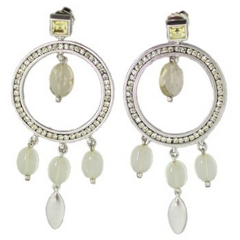 Christopher Roca - Circle Chandelier Pierced Earrings - Silver Metal w/Jonquil Crystals & Pineapple Quartz