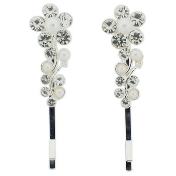 Karen Marie - Bridal Collection - Crystal & Pearl Flower Bobby Pins - White (Set of 2)