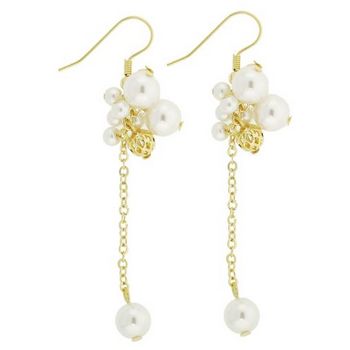 Pink Lily - Earrings - Set of Pierced - White Pearl and Gold Filigree Cluster Dangles(1)