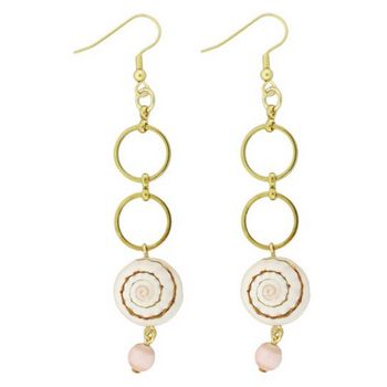 Pink Lily - Earrings - Set of Pierced Earrings - Brass Circular Chains w/Coral & White Shells On Fish Hook Loop Wires (1 Set)