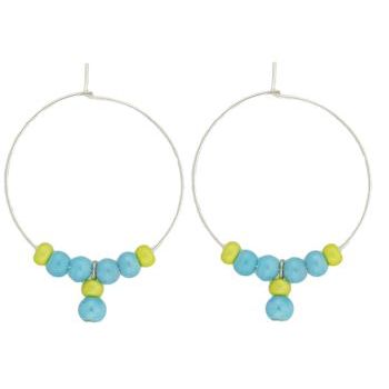 Pink Lily - Earrings - Set of Pierced Earrings - Silver Hoop w/Turquoise & Yellow Beads (1 Set)