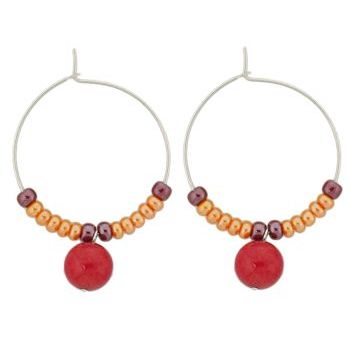 Pink Lily - Earrings - Pierced Hoop - Orange & Brown Hoop Beads w/Red Dangle Bead (1)
