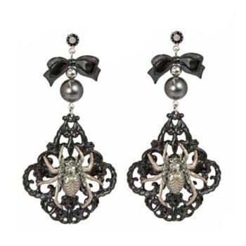 Tarina Tarantino - Black Widow - Baroque Drop Earring w/Lucite Bow & Crystal Embellished Spider - Black