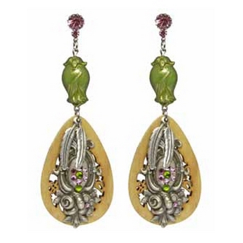 Tarina Tarantino - Dusty Rosaline - Fiddle - Carved Wood and Metalwork Drop Earrings - Lavender Sage