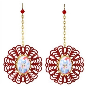 Tarina Tarantino - Santa Claus - Santa Baby - Swarovski Crystal and Golden Filigree Santa Pendant Drop Earrings