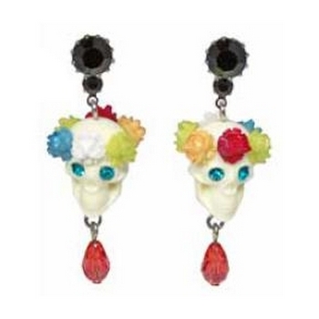 Tarina Tarantino - Sugar Skulls - Swarovski Crystal Eyed Flowered Skull Drop Earrings