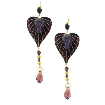 Tarina Tarantino - Lucite Heart Drop Earrings w/Skull & Crystals - Burgundy