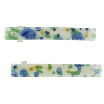 HB HairJewels - Small Flower Pattern Barrettes - Cream w/Blue Flowers (2)
