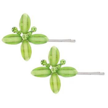 Karen Marie - Enamel Glass Floral Bobby Pins - Green/Silver (Set of 2)