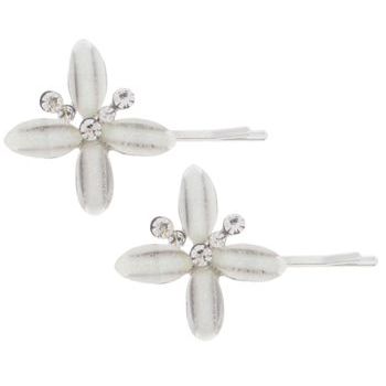 Karen Marie - Enamel Glass Floral Bobby Pins - White/Silver (Set of 2)