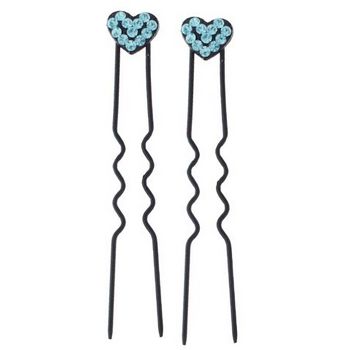 Karen Marie - Austrian Crystal Heart French Hairpins - Aqua w/Black (2)