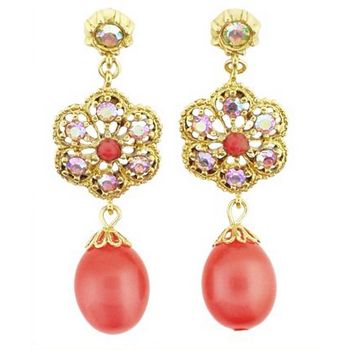 Gerard Yosca - Coral Stone Filigree Drop Pierced Earrings (2 Earrings Per Set)