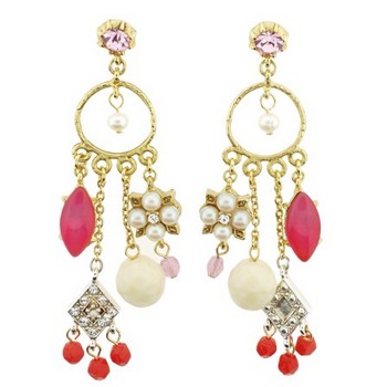 Gerard Yosca - Pink Stone Multi Charm Drop Earrings (2 Earrings Per Set)