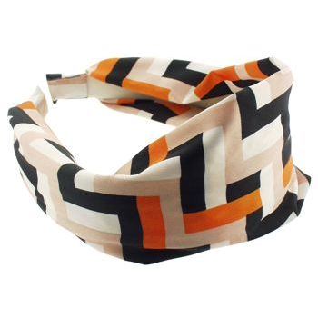 Karen Marie - Mock Satin Headband (1) - Geo Pattern - Chocolate Brown & Black & White w/Orange Shades (1)