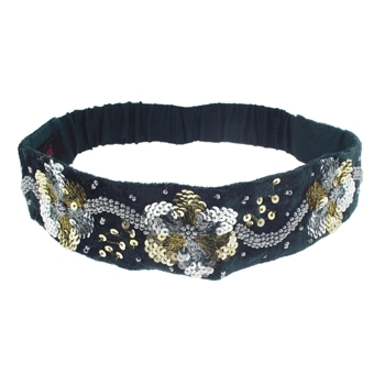 Joshipura - Crushed Velvet Flower Headwrap with Gold and Silver Beading - Dark Teal