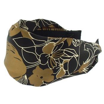 Head Dress - Silk Charmeuse Headband - Black w/Gold Floral Pattern (1)