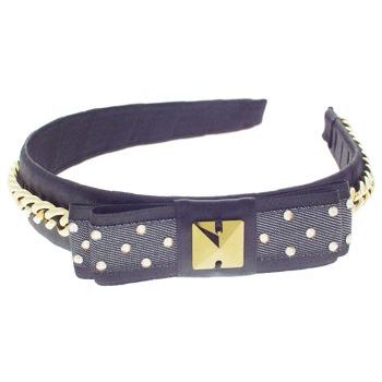 Tarina Tarantino - City Girl - Ribbon-Wrapped Headband w/Bow & Chain - Black/Gold