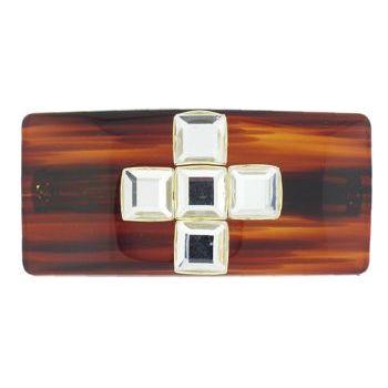 Rasco - Wide Barrette w/Crystal Cross  - Tort with Crystal Gems & Gold Setting (1)