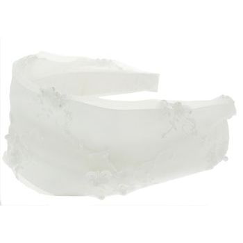 Head Dress - Ribbon w/Pearl & Sequin Lace Headband - White