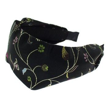 Head Dress - Satin Scarf Headband - Black w/Long Stem Flowers (1)