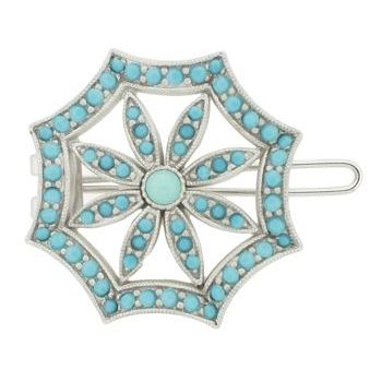 Linda Levinson - Brooch Hairclip - Silver w/Turquoise Flower Barrette (1)