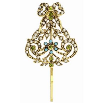 Linda Levinson - Victorian Bobby Pin - Gold w/Turquoise, Pearls & Peridot (1)