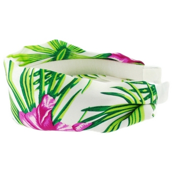 Head Dress - Silk Charmeuse Headband - White w/Green & Fuschia Flowers (1)