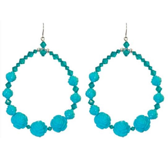 Tarina Tarantino - Iconic Collection - Swarovski Crystal and Carved Rose Hoop Earrings - Tahiti Blue
