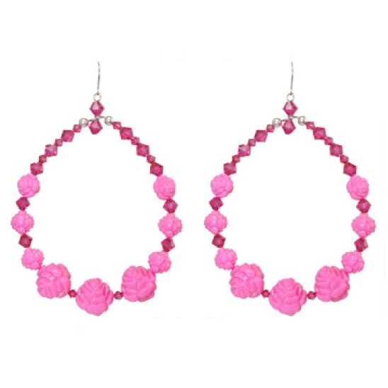 Tarina Tarantino - Iconic Collection - Swarovski Crystal and Carved Rose Hoop Earrings - Tarina Pink