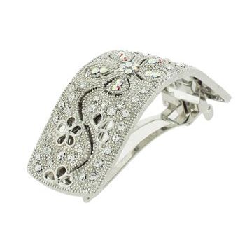 Karen Marie - Light Silver Metal - Curved Pony Vintage Inspired Barrette - White Diamond & White AB (1)