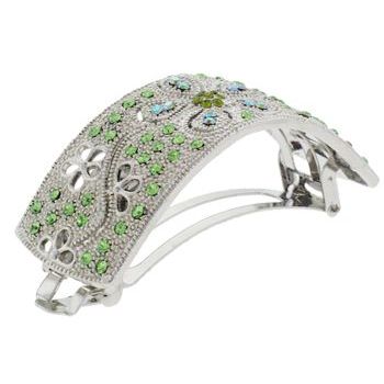 Karen Marie - Light Silver Metal - Curved Pony Vintage Inspired Barrette - Peridot (1)