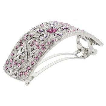 Karen Marie - Light Silver Metal - Curved Pony Vintage Inspired Barrette - Rose (1)