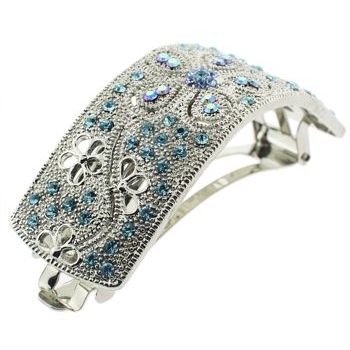 Karen Marie - Light Silver Metal - Curved Pony Vintage Inspired Barrette - Light Aqua & Sapphire Blue (1)