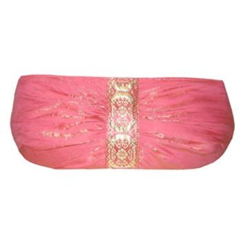 Amici Accessories - Jaipur - Crinkled Iridescent Pink Satin Clutch w/ Gold Jacquard Trim