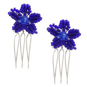 Karina - Beaded Flower Wire Comb (2) - Blue