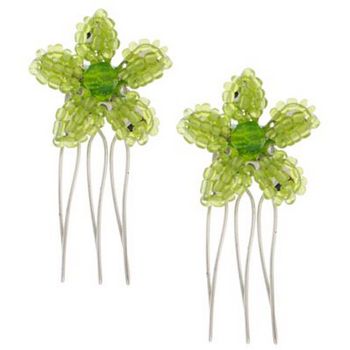 Karina - Beaded Flower Wire Comb (2) - Green
