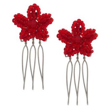Karina - Beaded Flower Wire Comb (2) - Red