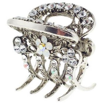 Karina - Large Silver Metal Rhinestone Claw with Flower Center