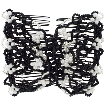 Karen Marie - Beaded Flower Double Comb - White Pearl & Onyx (1)