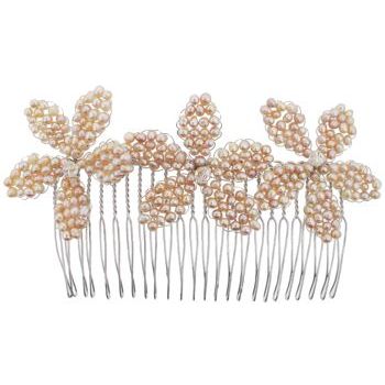 Karen Marie - Three Flower Comb w/Freshwater Pearls & Crystal Beads - Silver, Light & Dark Pink & Crystal Hues (1 Comb)