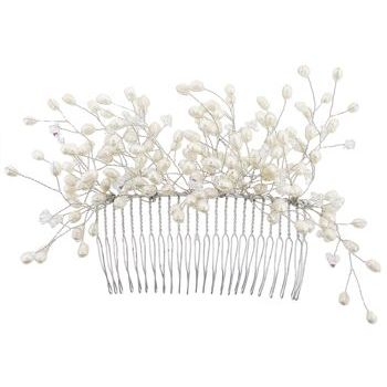 Karen Marie - Freshwater Pearls & Crystal Beaded Wire Comb - Silver, Vanilla & Crystal Hues (1 Comb)