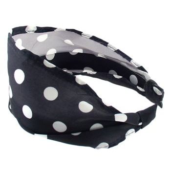 Karen Marie - Mock Satin Headband (1) - Black W/White Polka Dots