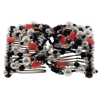 Karen Marie - Beaded Double Comb - White Pearl, Onyx & Coral (1)